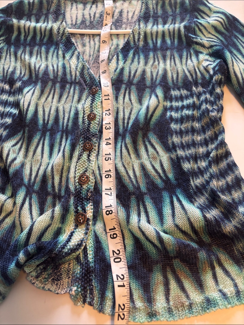 BLUE AND GREEN OPEN KNIT BUTTON DOWN SWEATER LINEN AND VISCOSE LIGHT WEIGHT - Picture 8 of 8